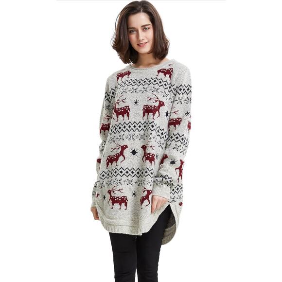 Shineflow Reindeer Fair Isle Oversized Sweater L Nordic Xmas Winter Knit Cozy - Picture 1 of 5